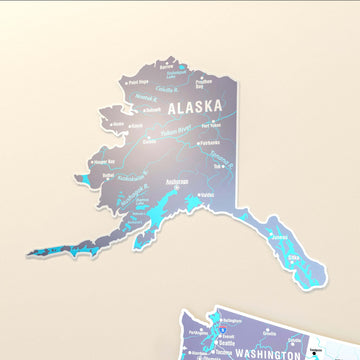 Close-up of the Alaska panel of the Nimbus metal USA wall map with rivers and city labels