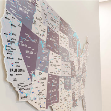 Close-up of the western states on the Nimbus metal USA wall map, showing California, Nevada and Oregon
