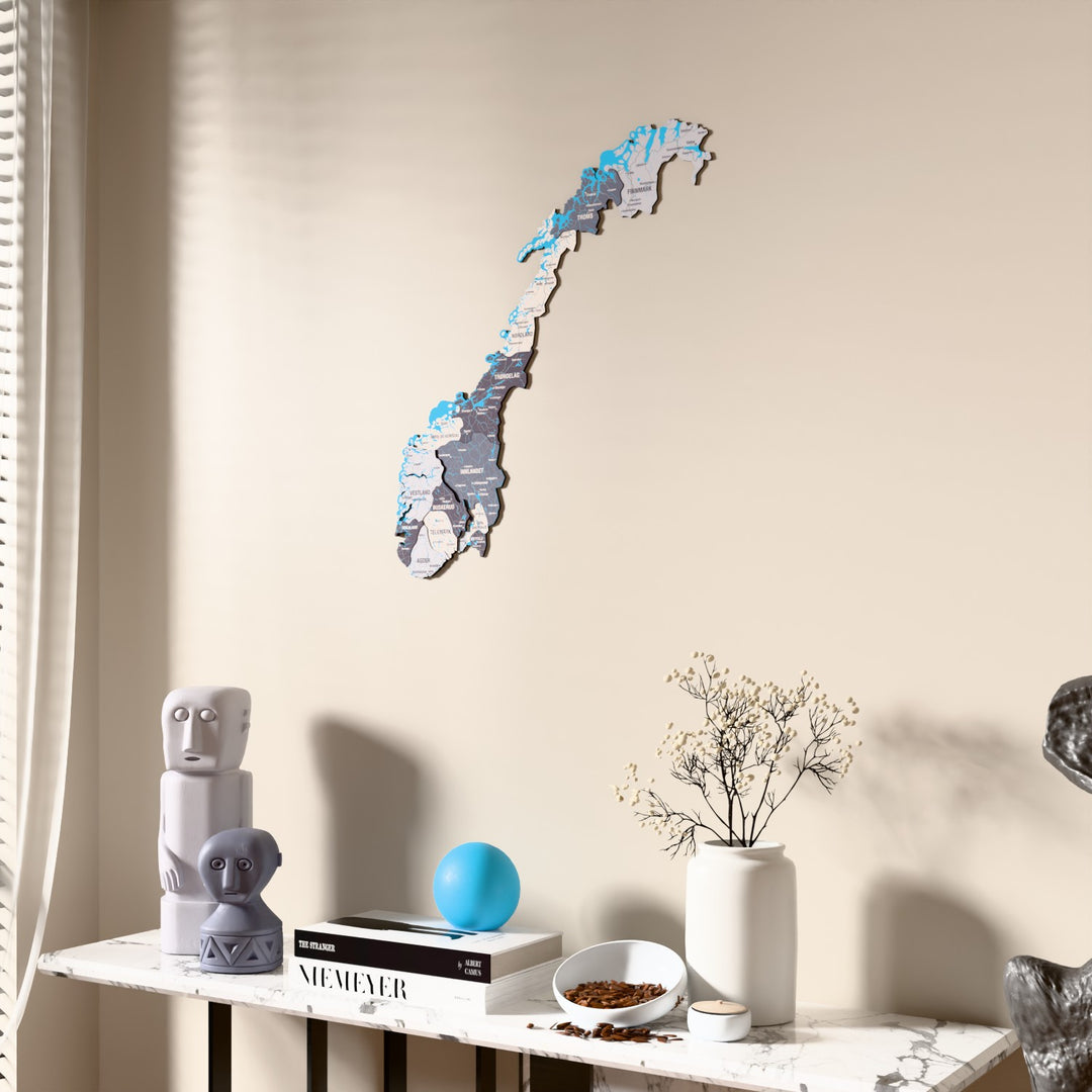 Nimbus Norway wooden wall map beside a sheer curtain, angled view