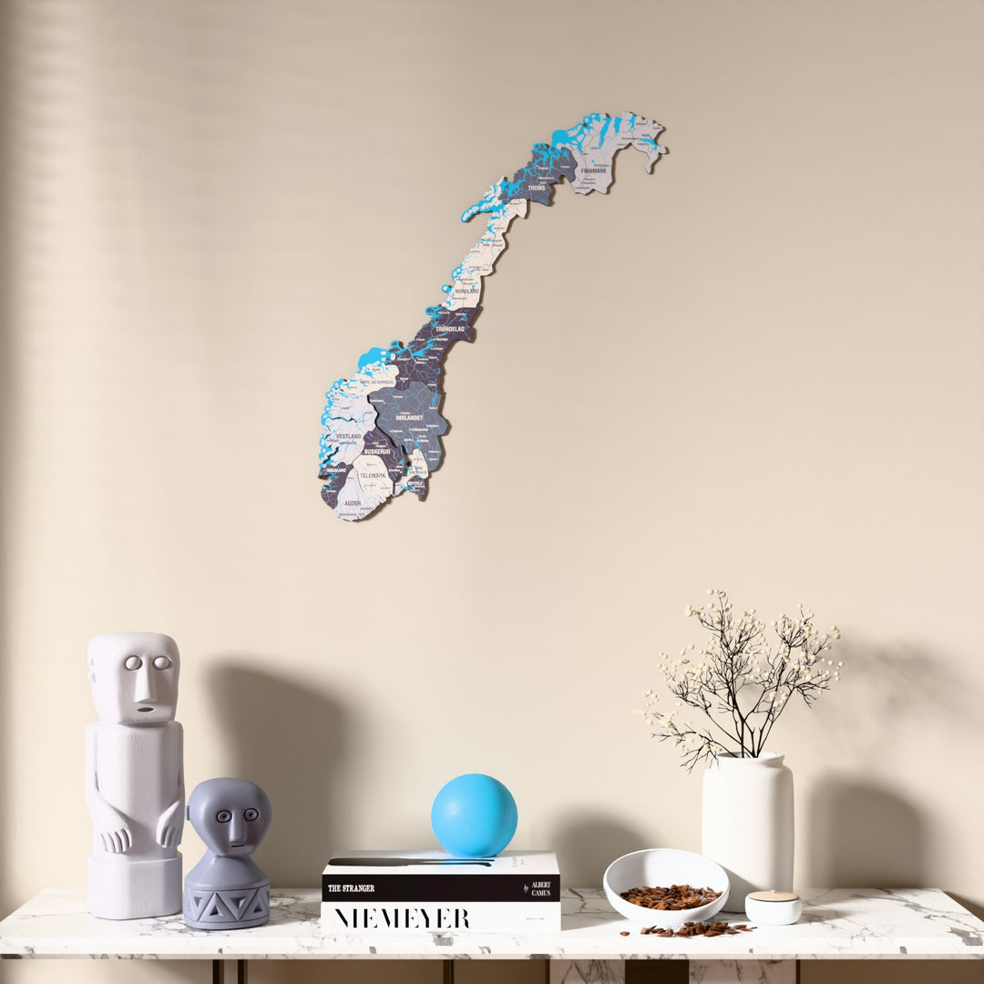 Nimbus Norway wooden wall map above a marble console, front view