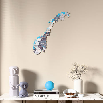 Nimbus Norway wooden wall map above a marble console, front view