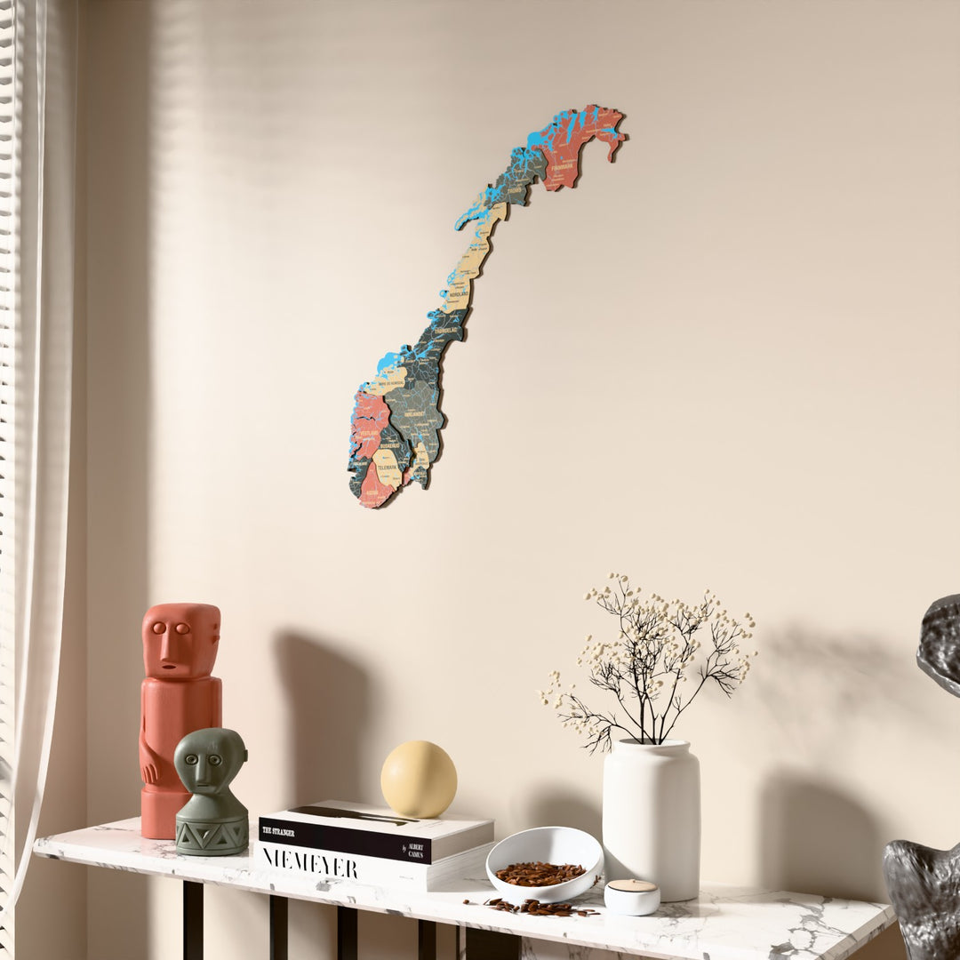 Sage Norway wooden wall map beside a sheer curtain, angled view