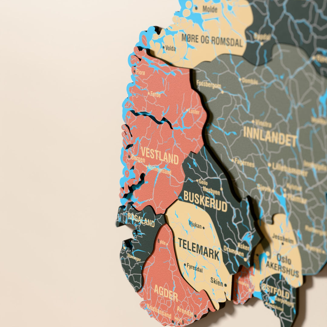 Close-up of the Sage Norway wooden wall map with layered regions and printed names