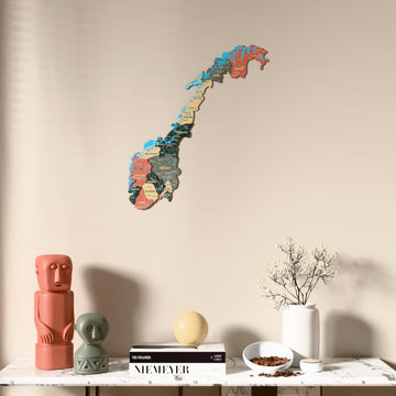 Sage Norway wooden wall map above a marble console, front view