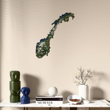 Satellite Norway wooden wall map above a marble console, front view