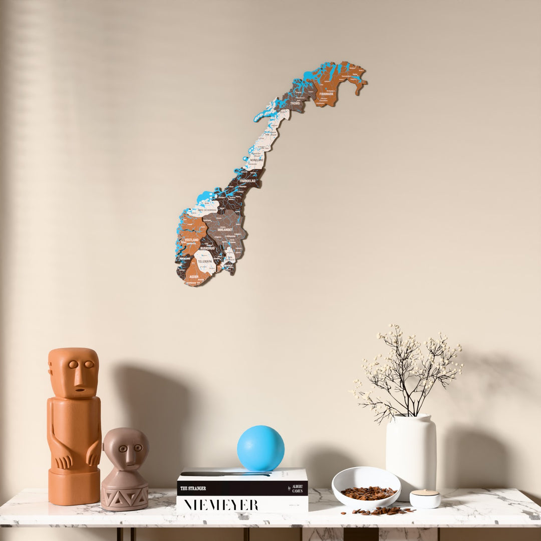 Soil Norway wooden wall map above a marble console, front view