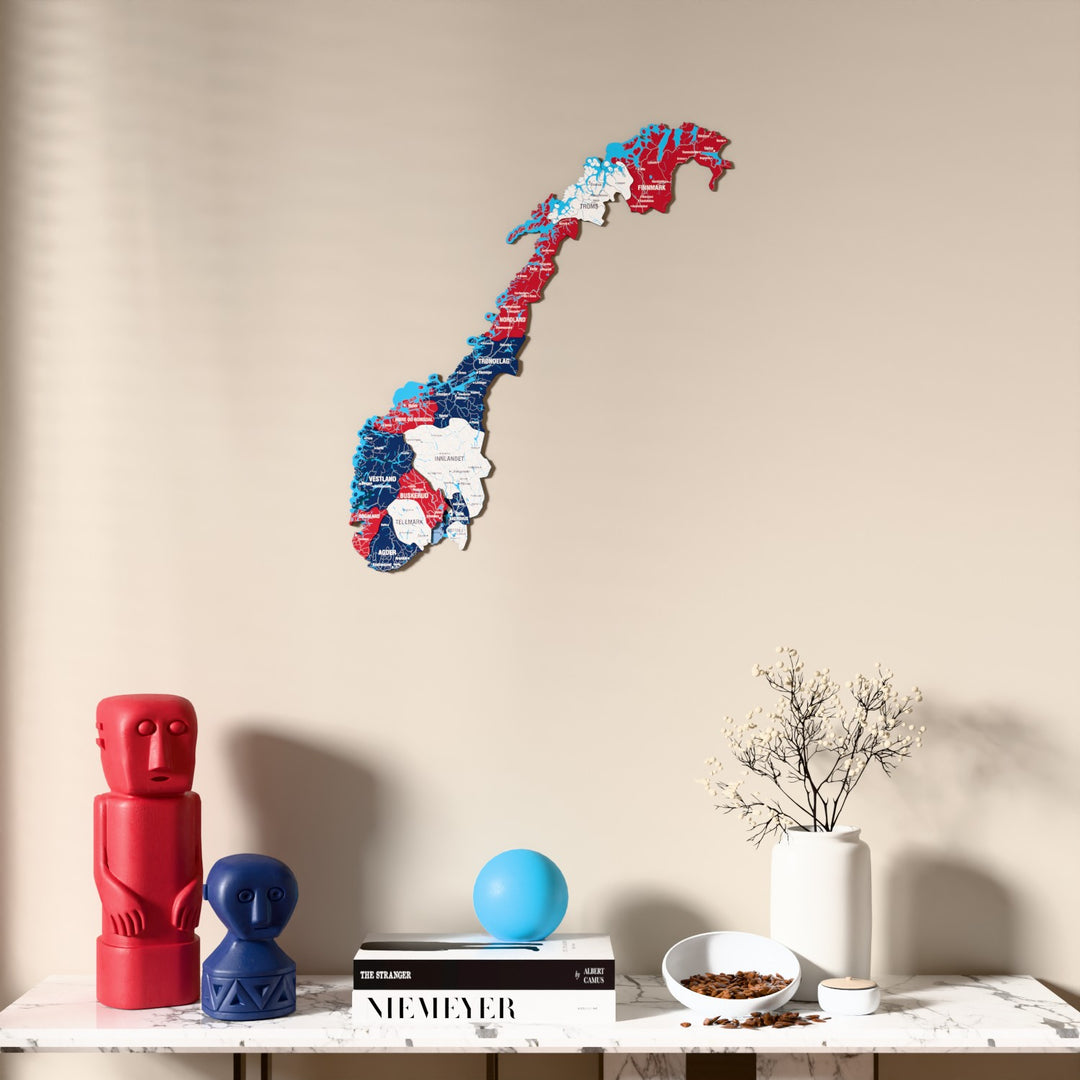Flag colored Norway wooden wall map above a marble console, front view