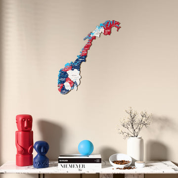 Flag colored Norway wooden wall map above a marble console, front view