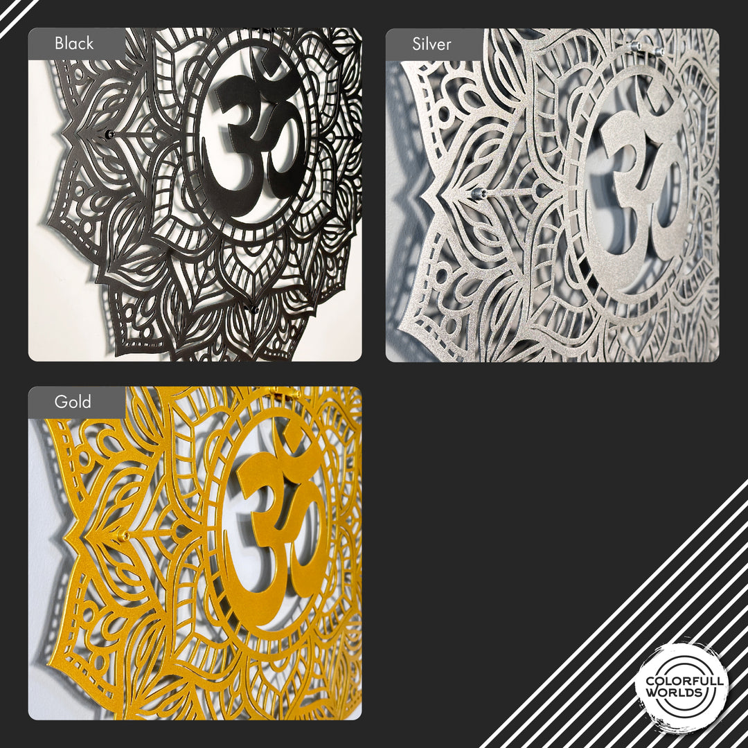 Color options for the OM mandala metal wall art: black, silver and gold close-ups of the OM symbol