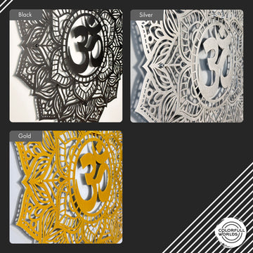 Color options for the OM mandala metal wall art: black, silver and gold close-ups of the OM symbol