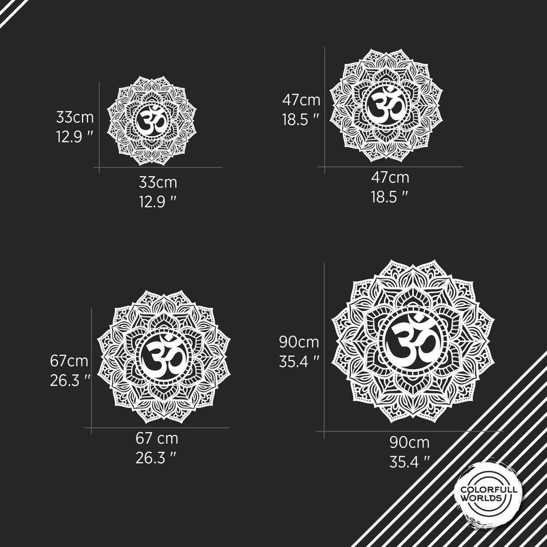 Size chart for the OM mandala metal wall art: 33 cm, 47 cm, 67 cm and 90 cm in diameter