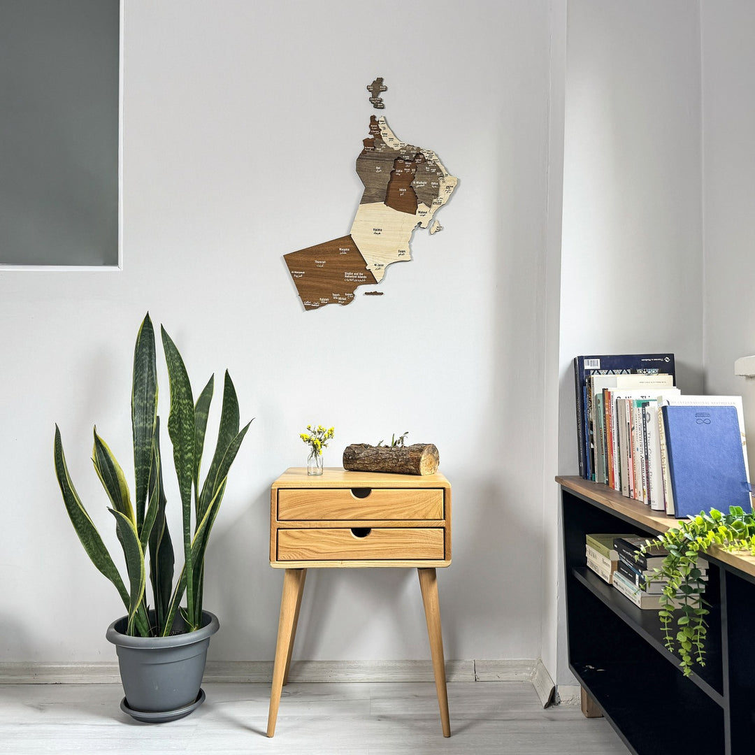 Oman wooden wall map above a pale wood nightstand, wide view with a snake plant and bookcase