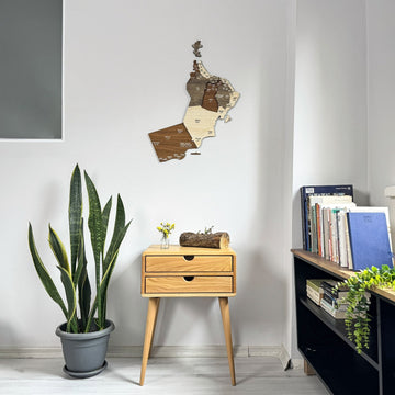 Oman wooden wall map above a pale wood nightstand, wide view with a snake plant and bookcase