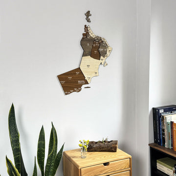 Oman wooden wall map seen from slightly lower, with a drawer table and snake plant leaves below