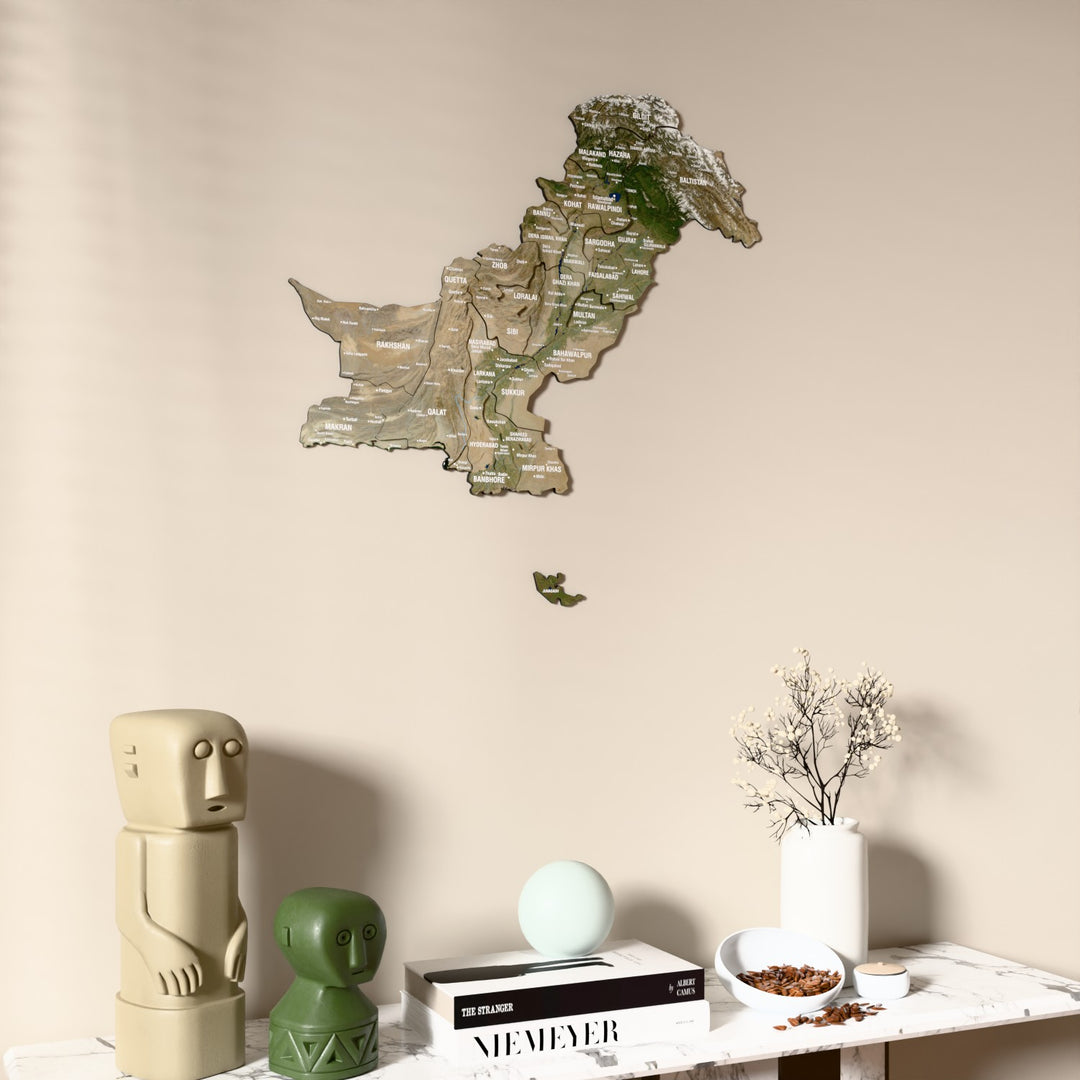 Satellite Pakistan wooden wall map on a beige wall above a console with figurines
