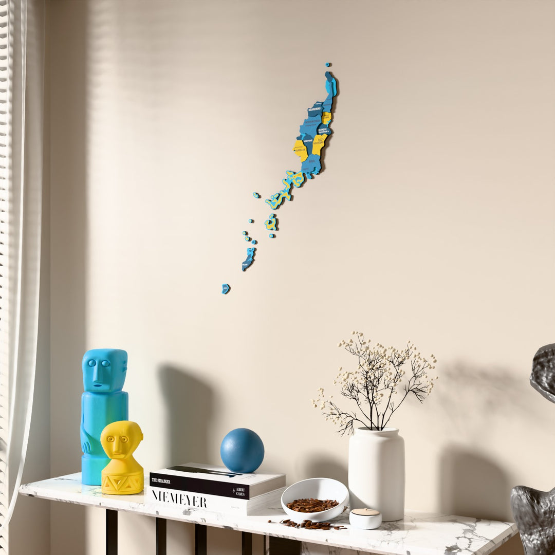 Flag colored Palau wooden wall map beside a sheer curtain, angled view