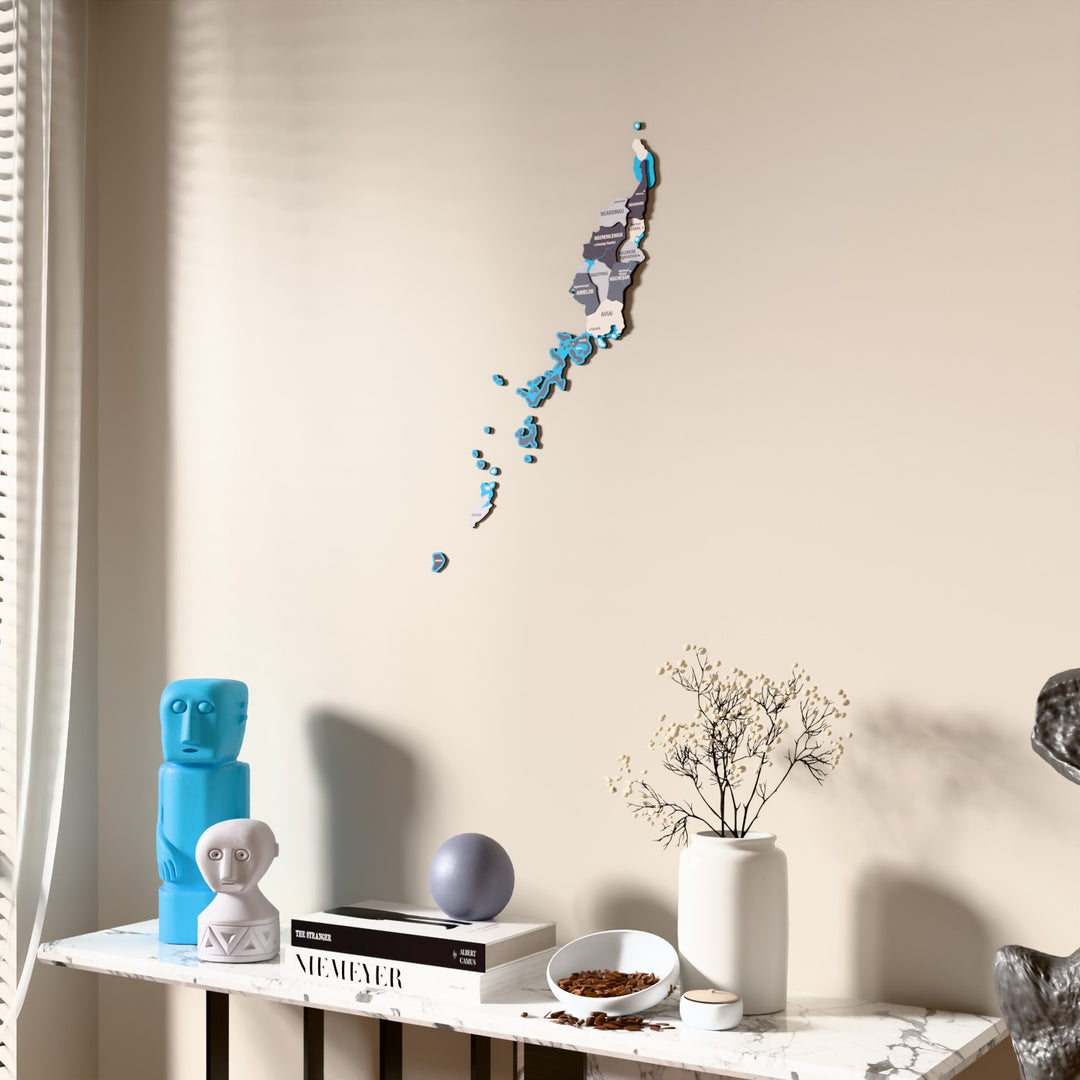 Nimbus Palau wooden wall map beside a sheer curtain, angled view