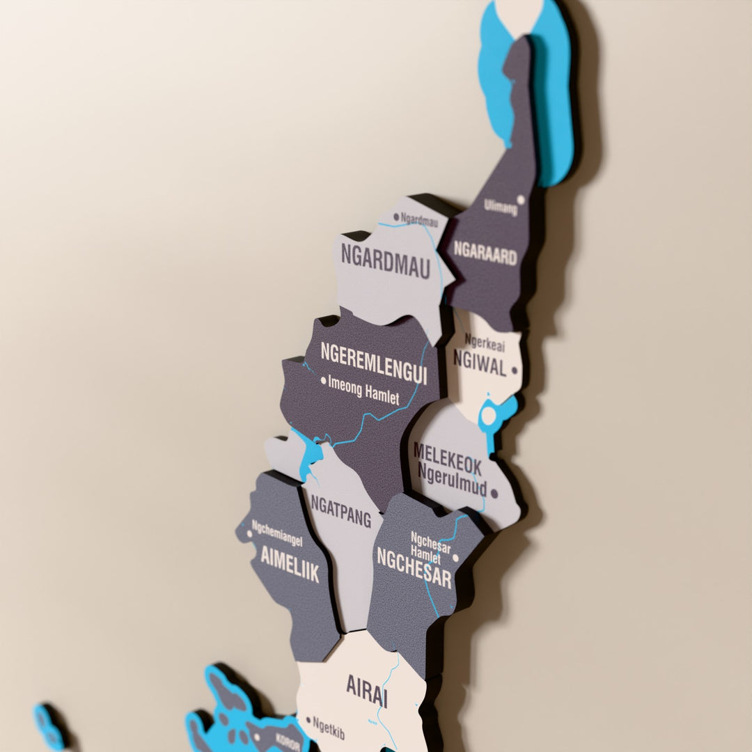 Close-up of the Nimbus Palau wooden wall map with layered regions and printed names