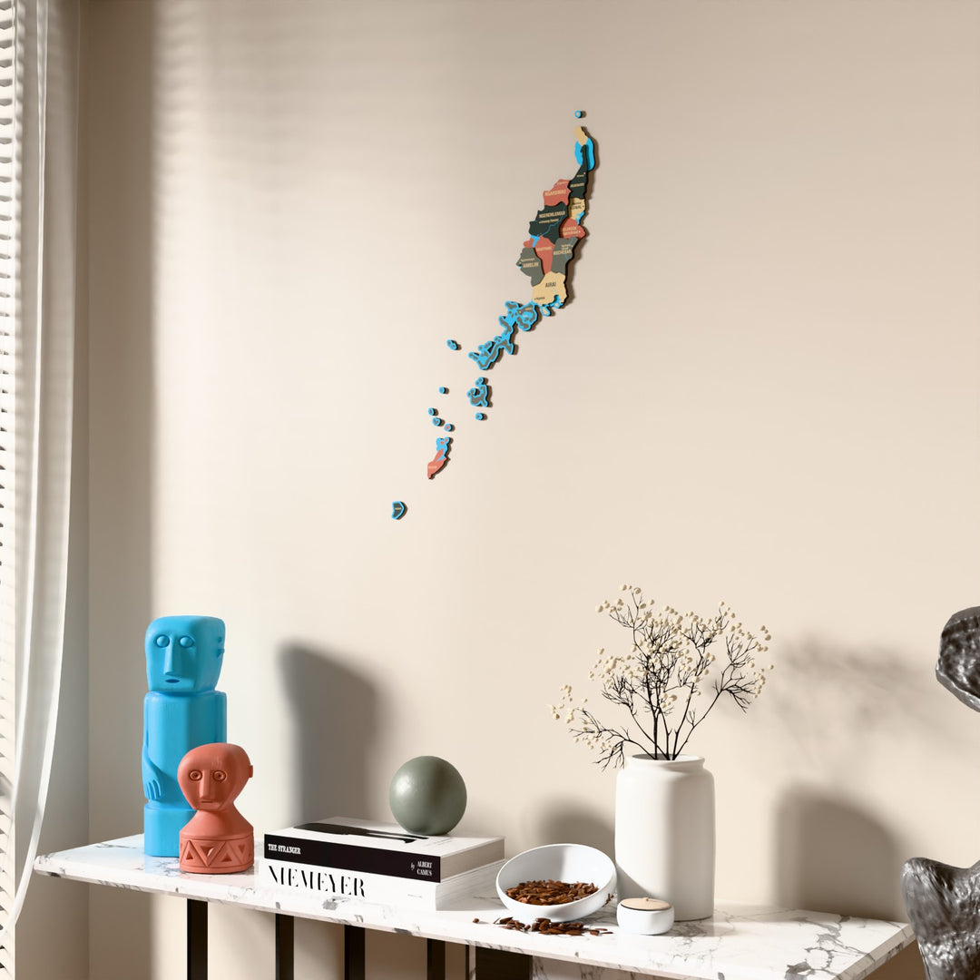 Sage Palau wooden wall map beside a sheer curtain, angled view