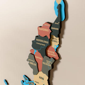Close-up of the Sage Palau wooden wall map with layered regions and printed names