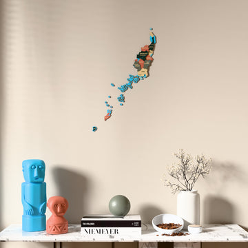 Sage Palau wooden wall map above a marble console, front view