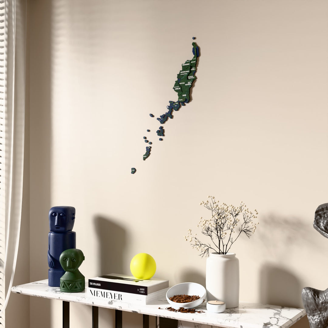 Satellite Palau wooden wall map beside a sheer curtain, angled view