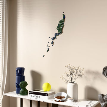 Satellite Palau wooden wall map beside a sheer curtain, angled view