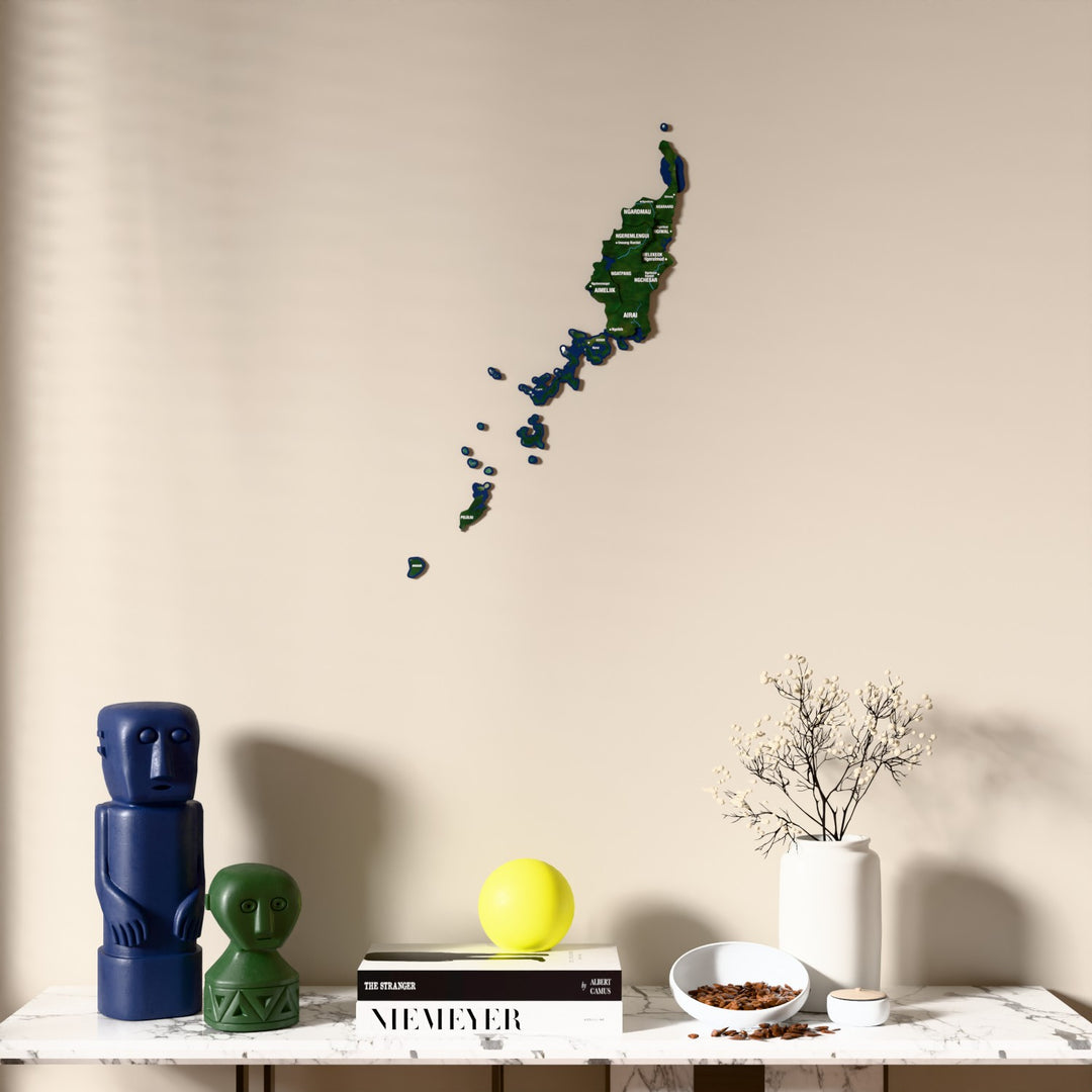 Satellite Palau wooden wall map above a marble console, front view