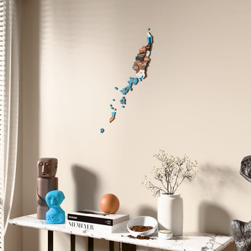 Soil Palau wooden wall map beside a sheer curtain, angled view