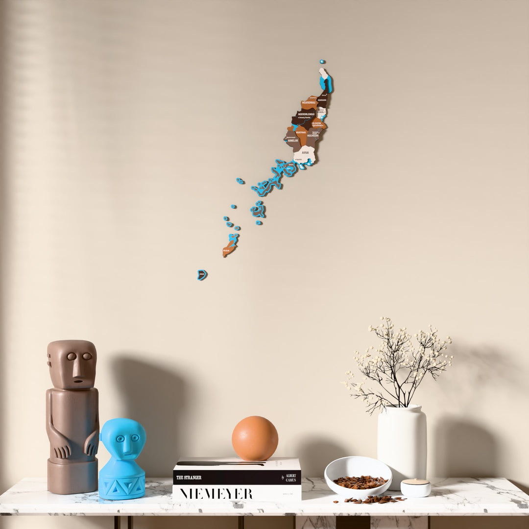 Soil Palau wooden wall map above a marble console, front view