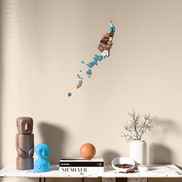 Soil Palau wooden wall map above a marble console, front view