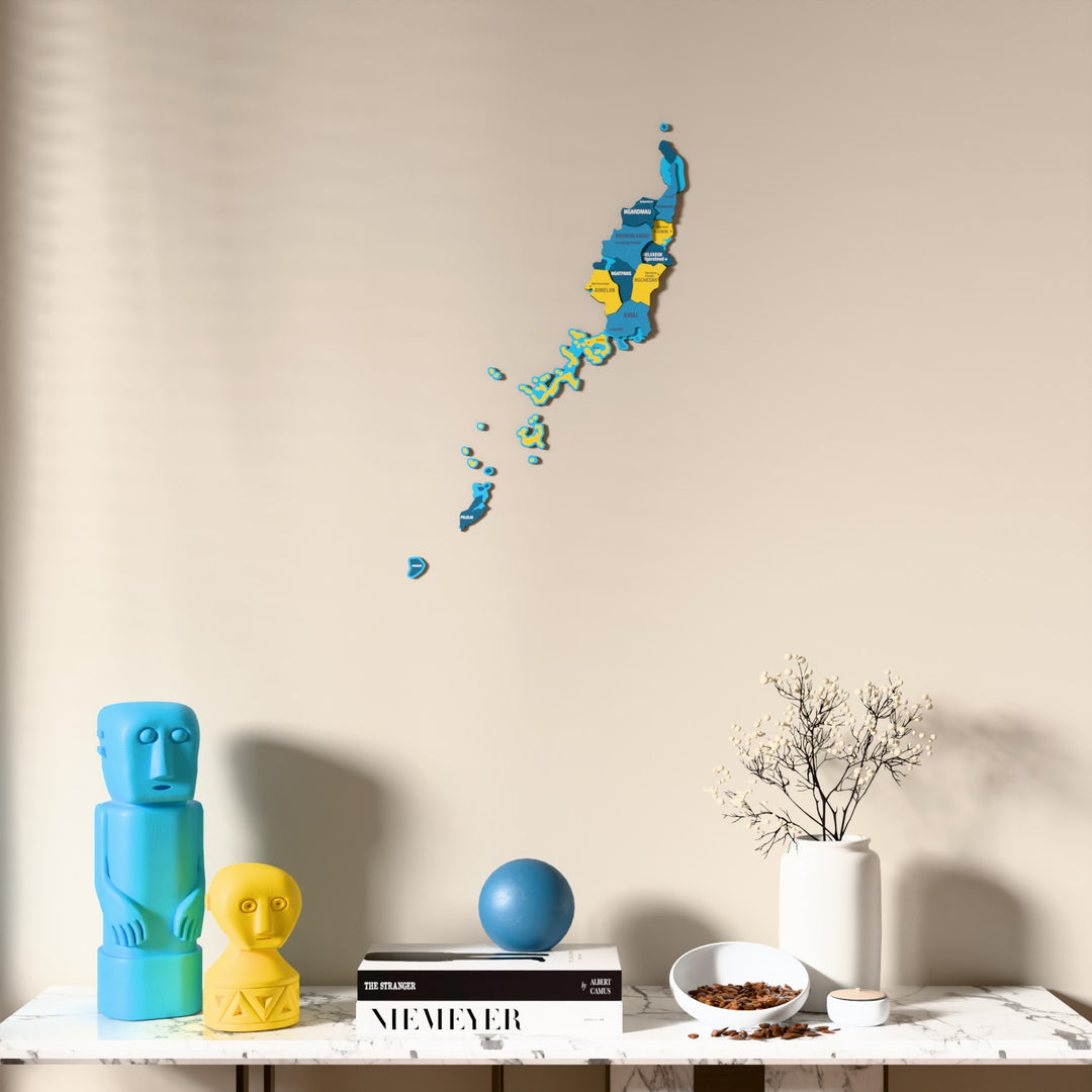 Flag colored Palau wooden wall map above a marble console, front view