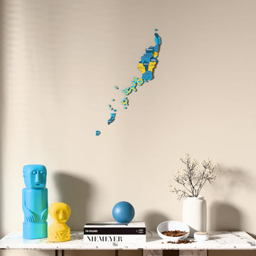 Flag colored Palau wooden wall map above a marble console, front view