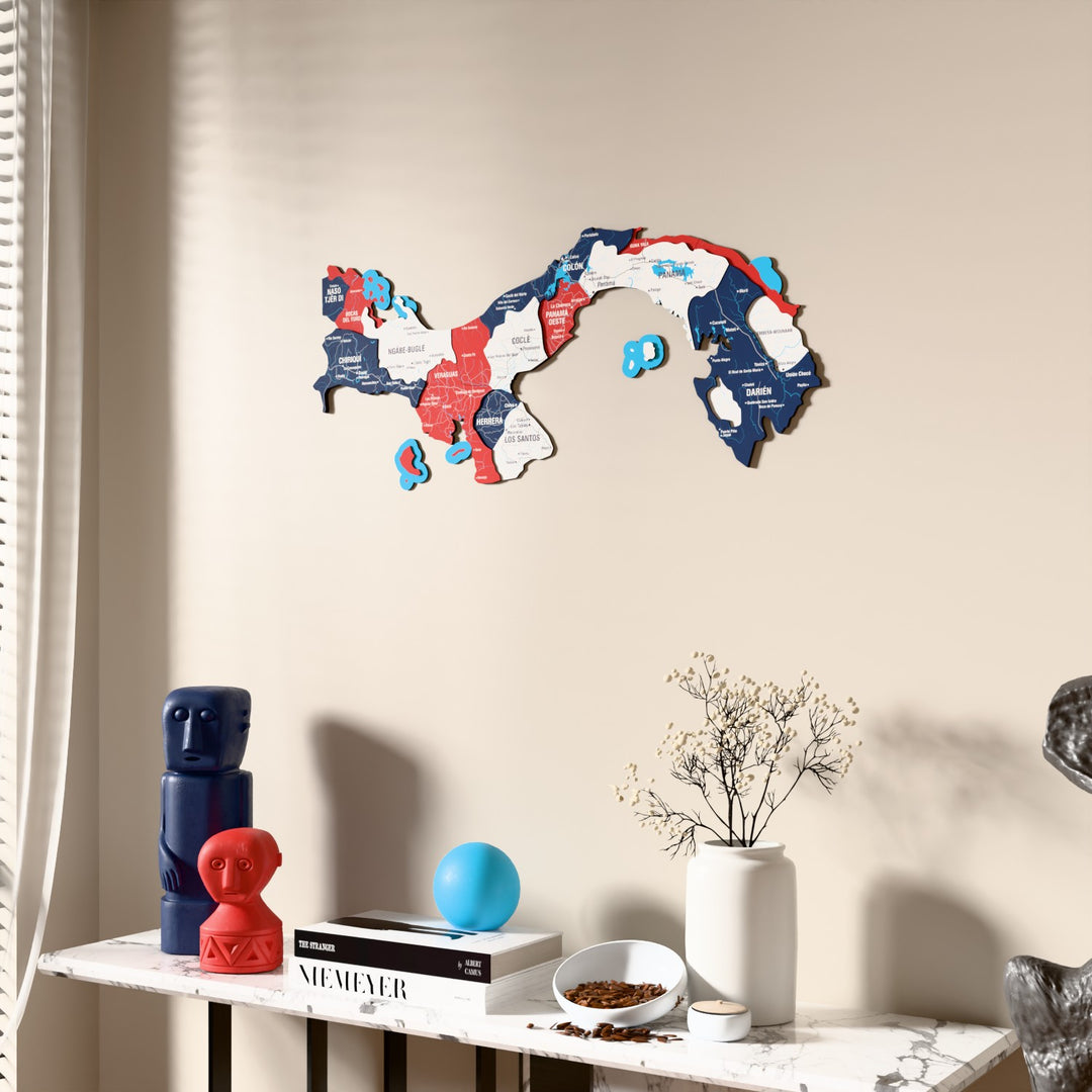 Flag colored Panama wooden wall map beside a sheer curtain, angled view