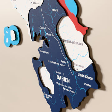 Close-up of the Flag colored Panama wooden wall map with layered regions and printed names