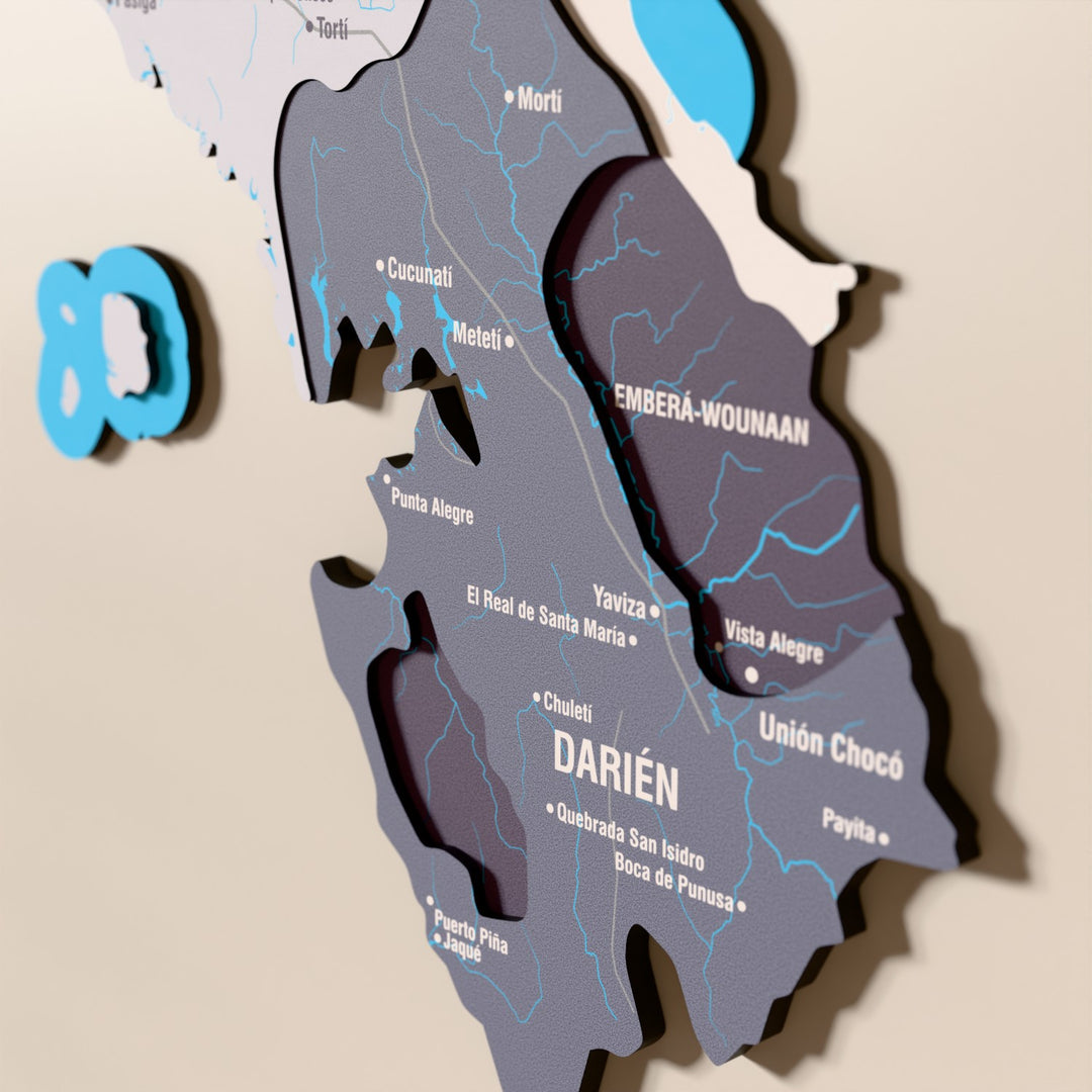 Close-up of the Nimbus Panama wooden wall map with layered regions and printed names