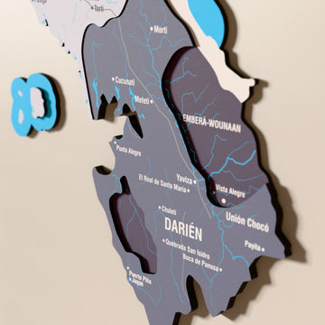 Close-up of the Nimbus Panama wooden wall map with layered regions and printed names