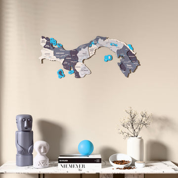 Nimbus Panama wooden wall map above a marble console, front view