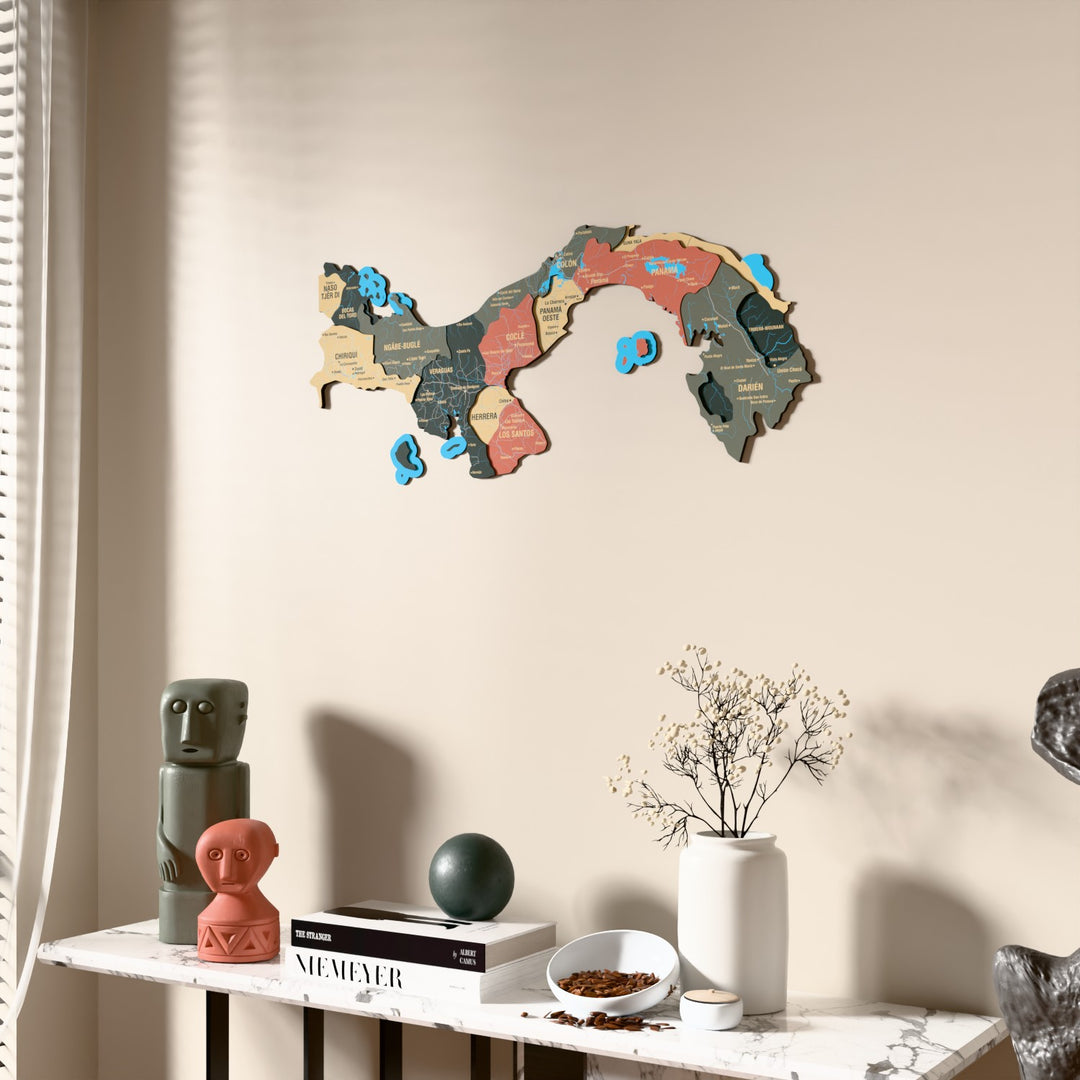 Sage Panama wooden wall map beside a sheer curtain, angled view