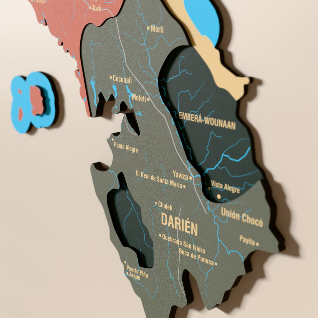 Close-up of the Sage Panama wooden wall map with layered regions and printed names