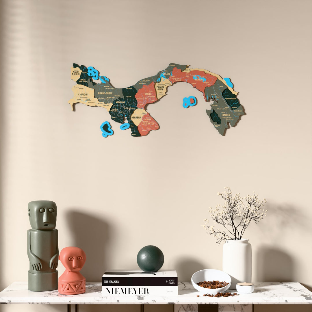 Sage Panama wooden wall map above a marble console, front view