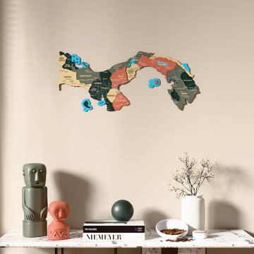 Sage Panama wooden wall map above a marble console, front view