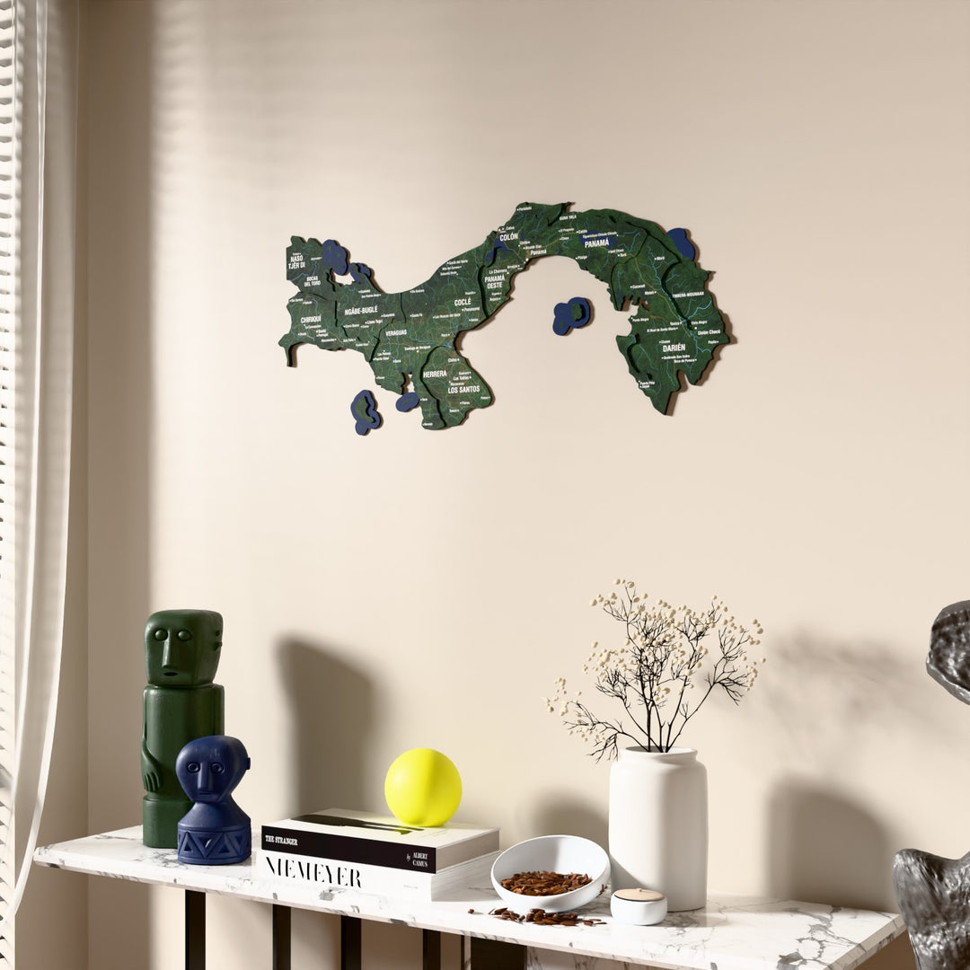 Satellite Panama wooden wall map beside a sheer curtain, angled view