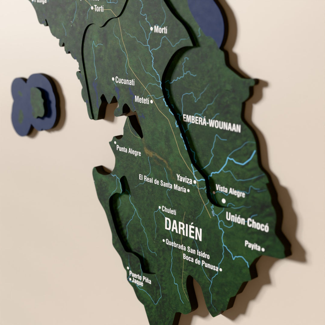 Close-up of the Satellite Panama wooden wall map with layered regions and printed names