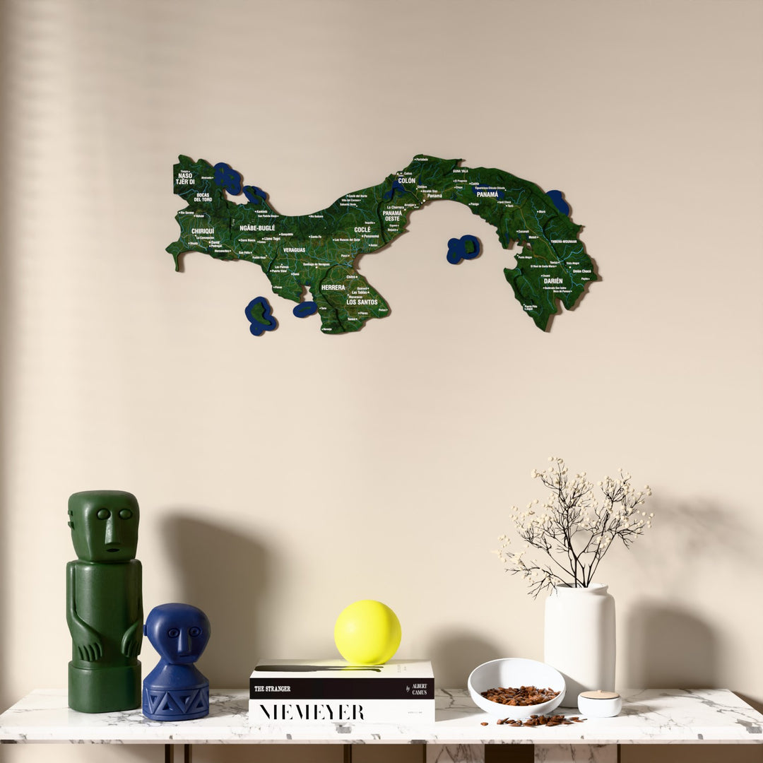 Satellite Panama wooden wall map above a marble console, front view