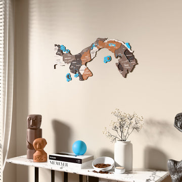 Soil Panama wooden wall map beside a sheer curtain, angled view