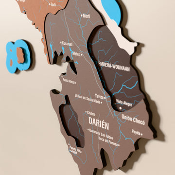 Close-up of the Soil Panama wooden wall map with layered regions and printed names