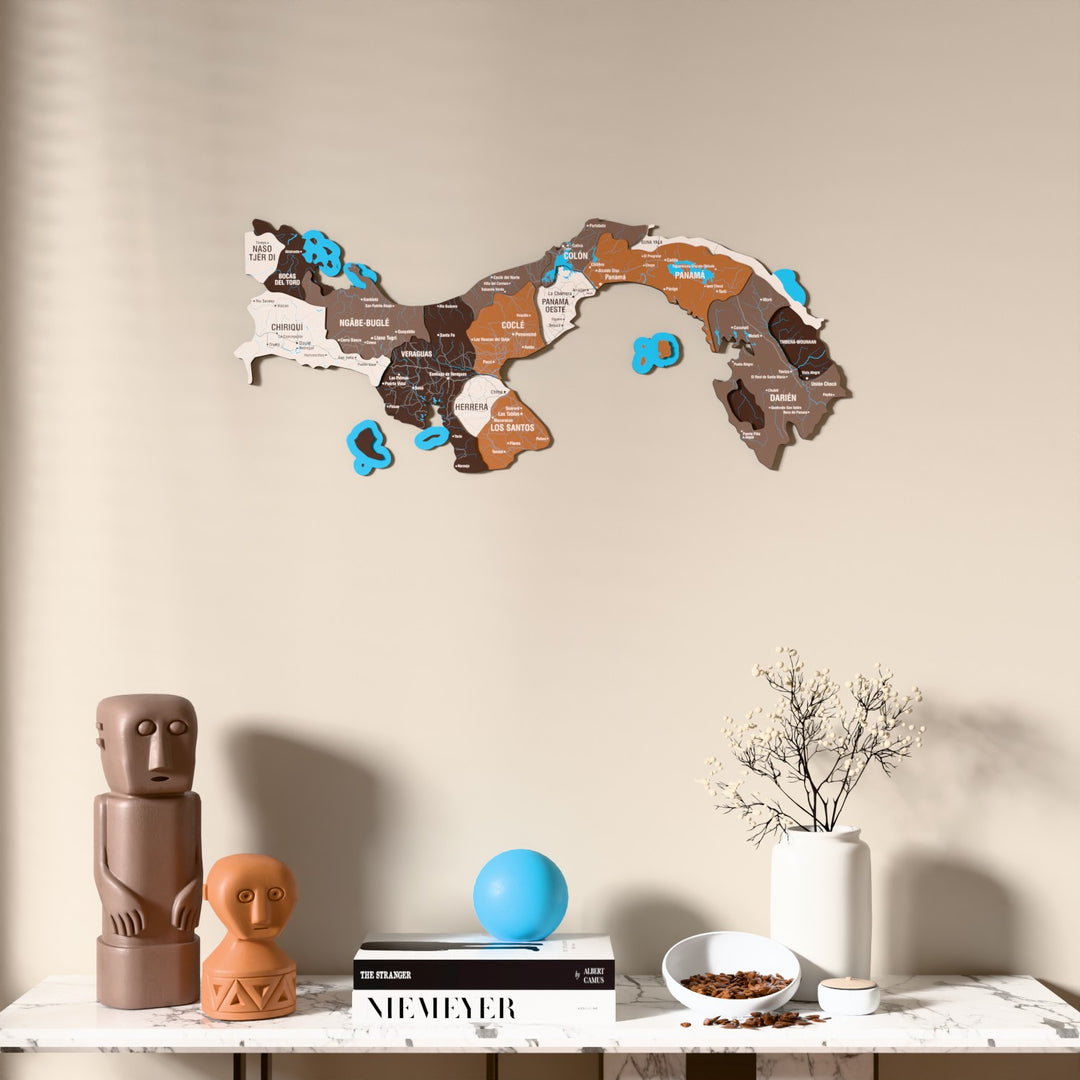 Soil Panama wooden wall map above a marble console, front view