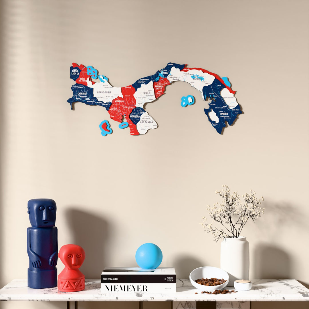 Flag colored Panama wooden wall map above a marble console, front view