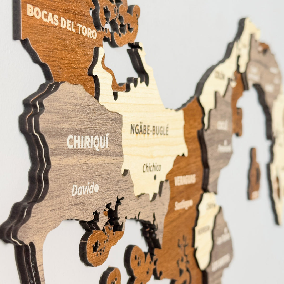 Close-up of the Chiriquí and Ngäbe-Buglé layers on the 3D wooden Panama map